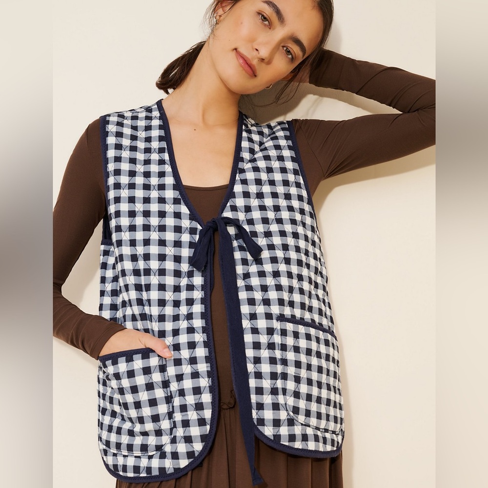 Free People Claudine Quilted Vest Gingham Tie-Front Medium 100% Cotton - Picture 4 of 12